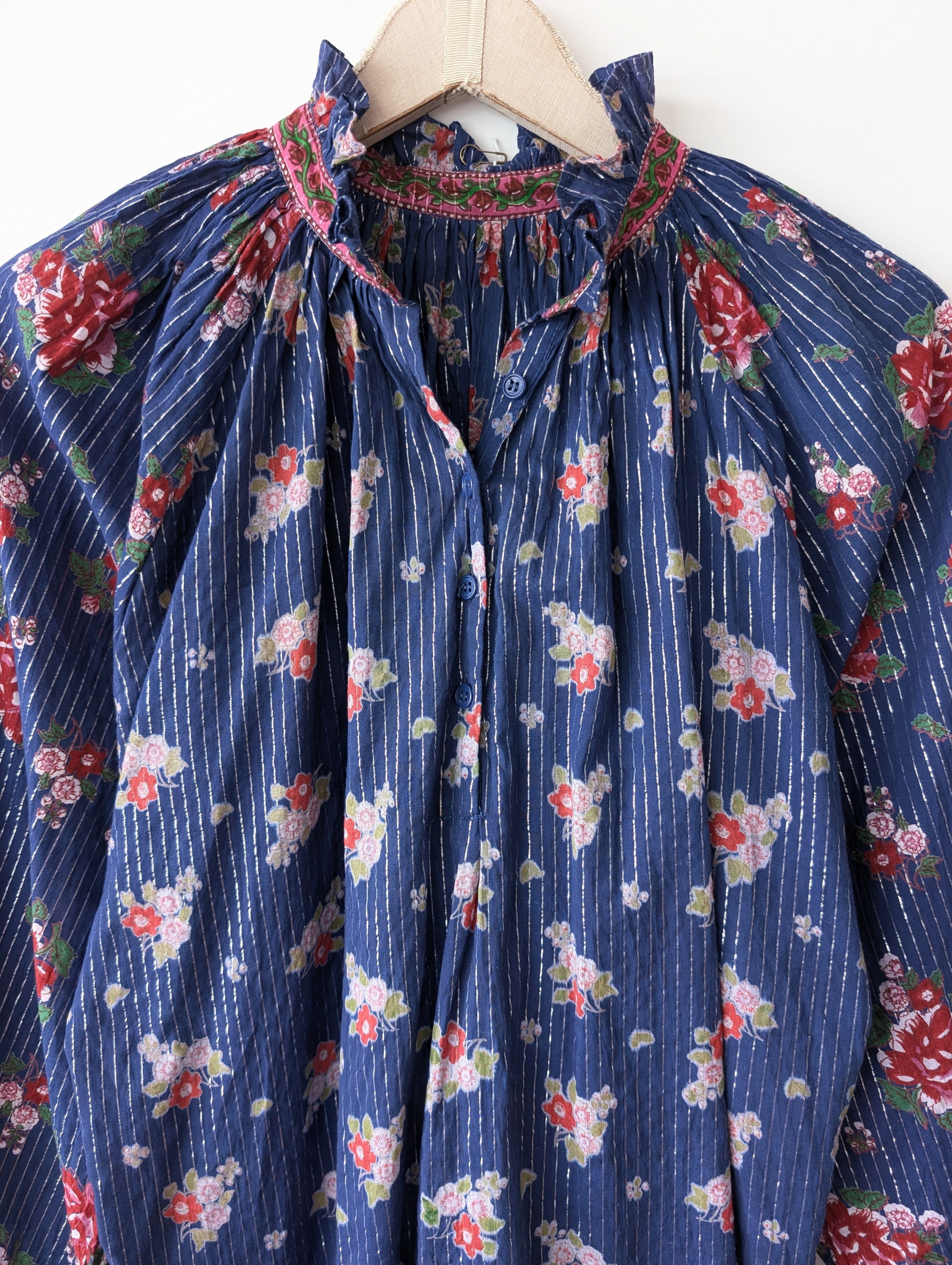 Bluse 70s Ballonärmel Rosen Print (M-L)