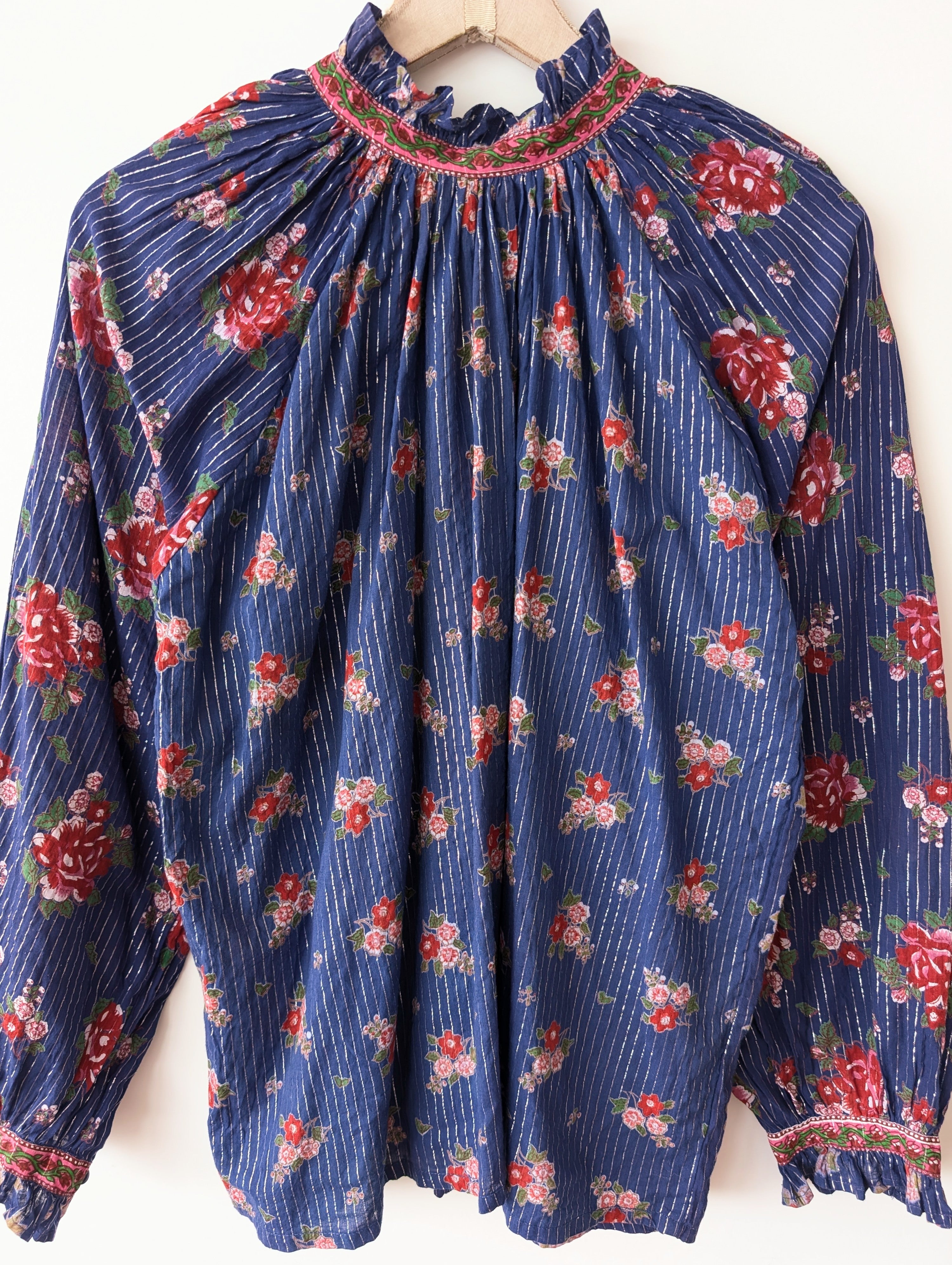 Bluse 70s Ballonärmel Rosen Print (M-L)