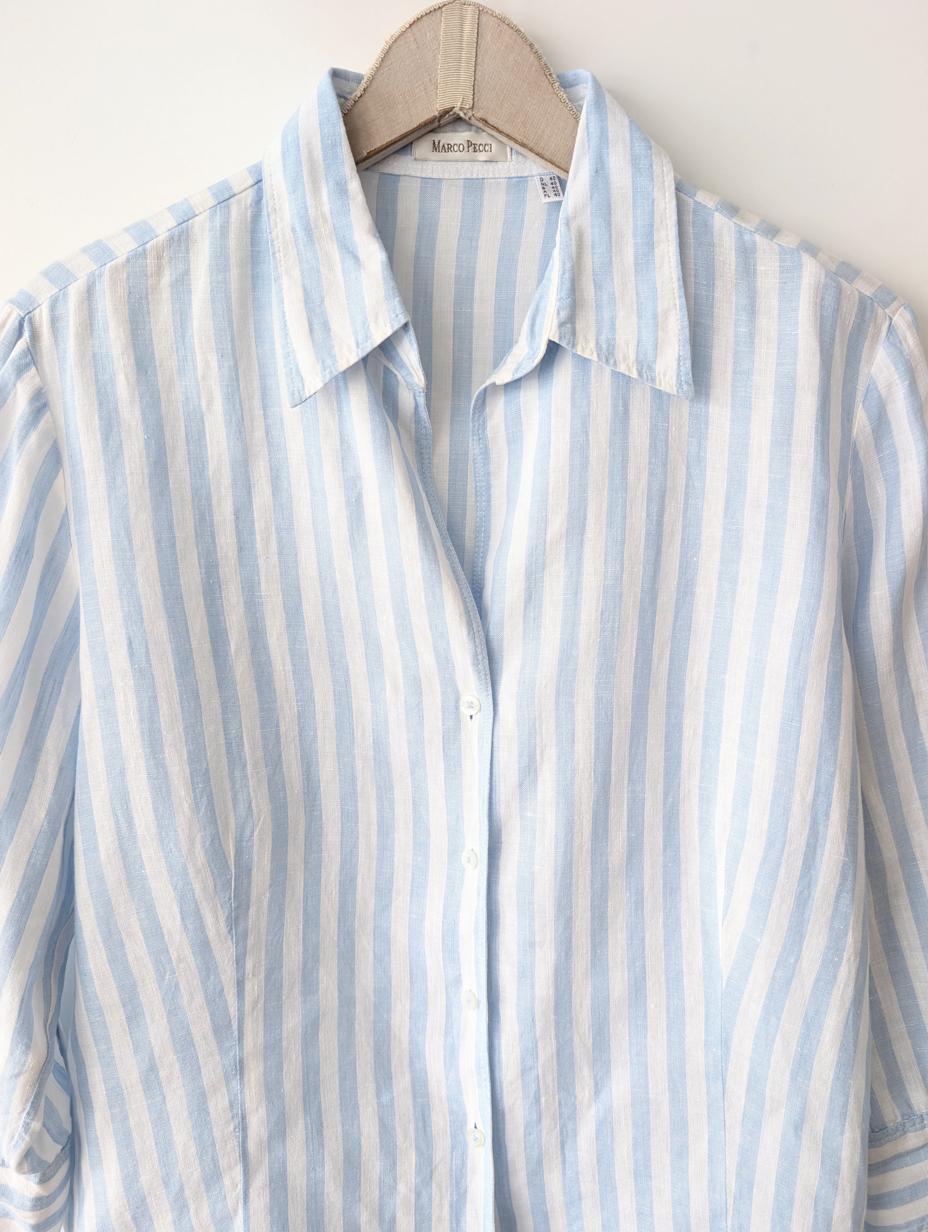 *Leinen* Bluse Premium Basic Nadelstreifen Blau (L)