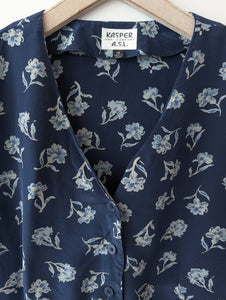 *Seide* Bluse Blumen Print Marineblau (L)