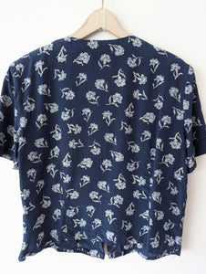 *Seide* Bluse Blumen Print Marineblau (L)