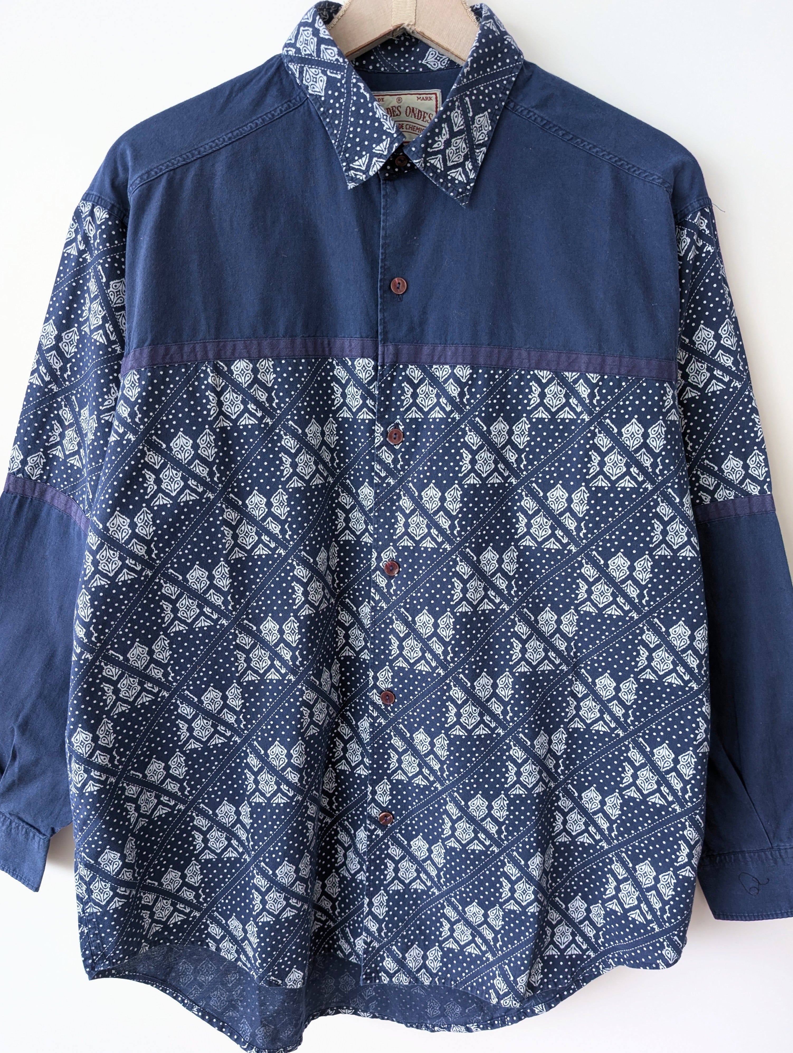 Hemd 90s Bohemian Print Blau Weiß (M-L)