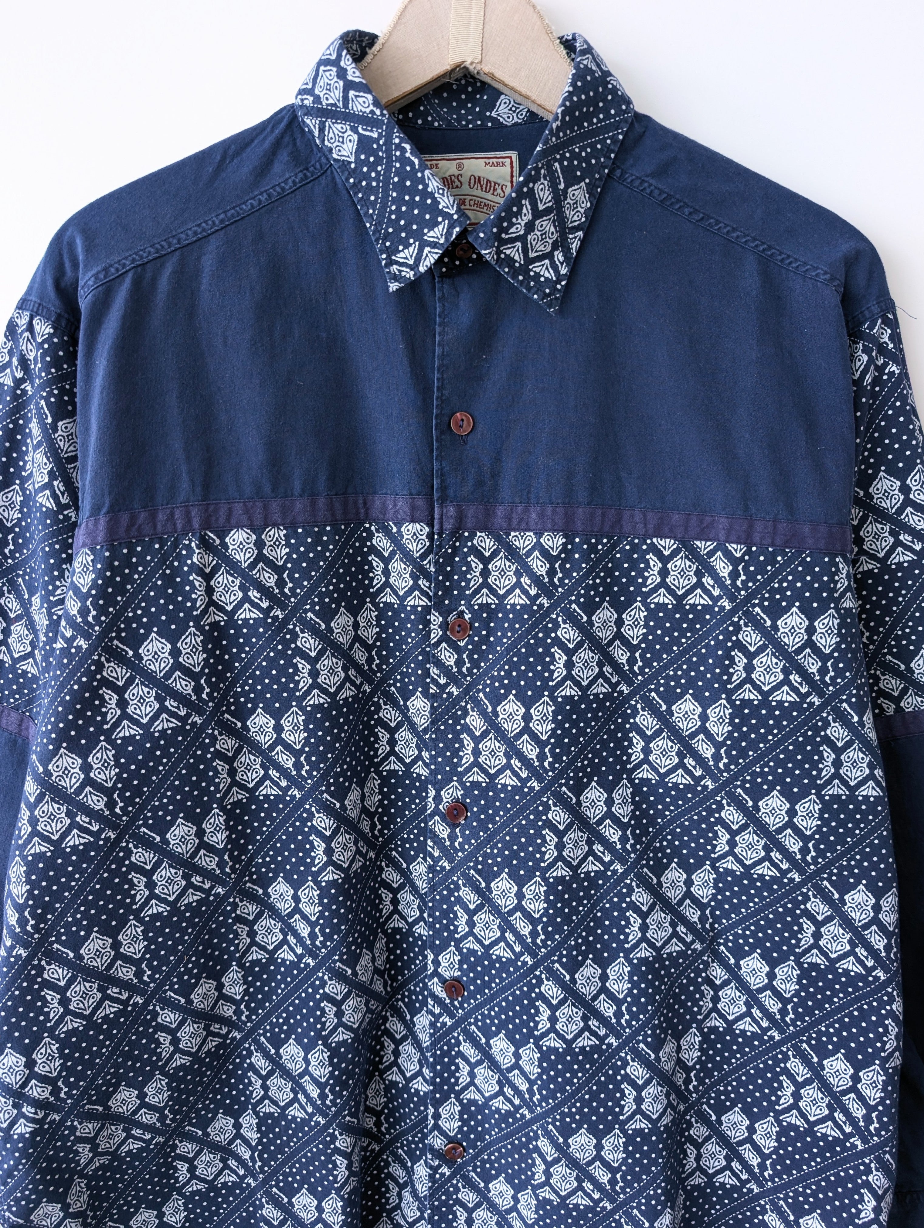 Hemd 90s Bohemian Print Blau Weiß (M-L)