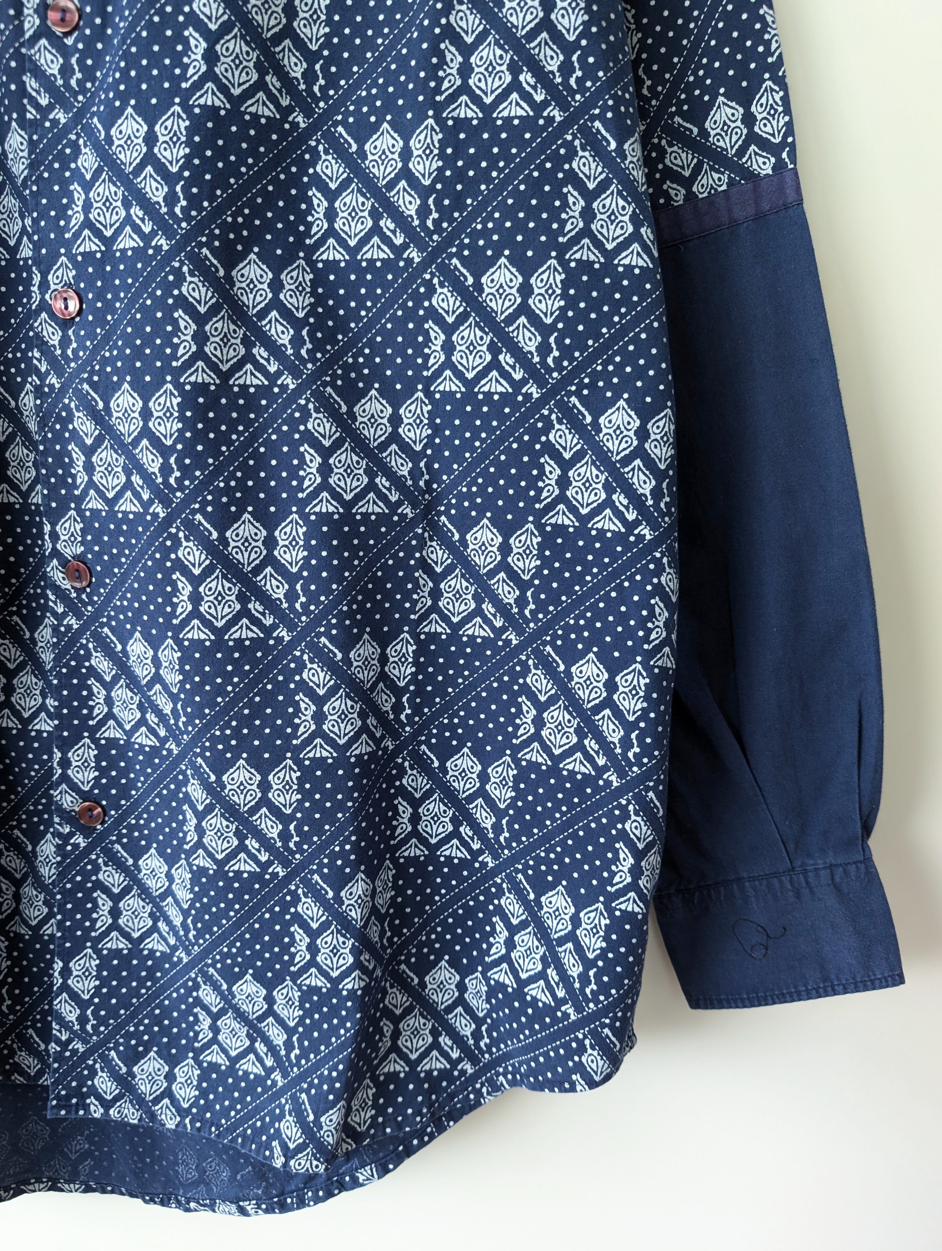 Hemd 90s Bohemian Print Blau Weiß (M-L)