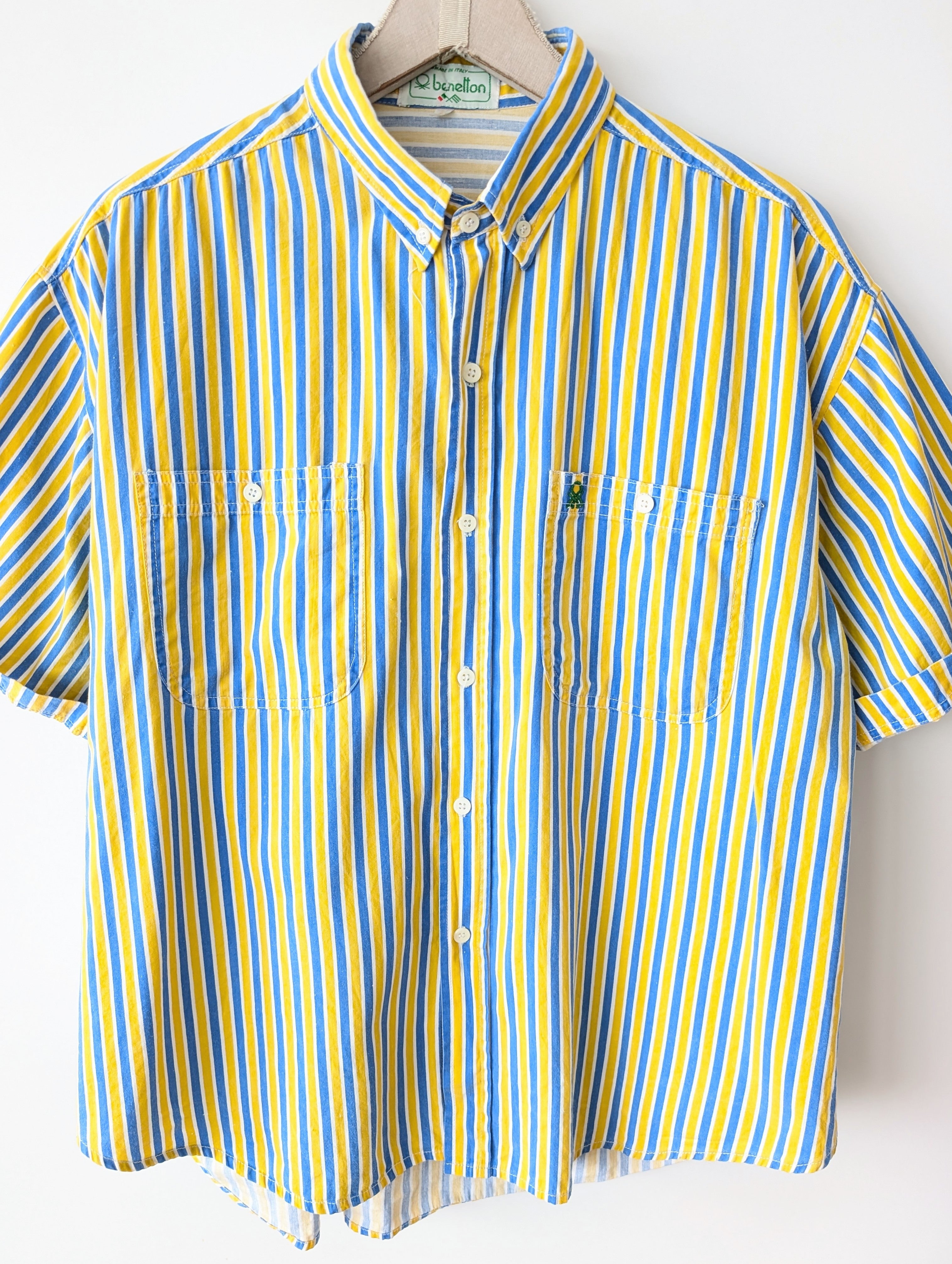 *Benetton* Hemd 80s Blockstreifen Gelb Blau (M-L)