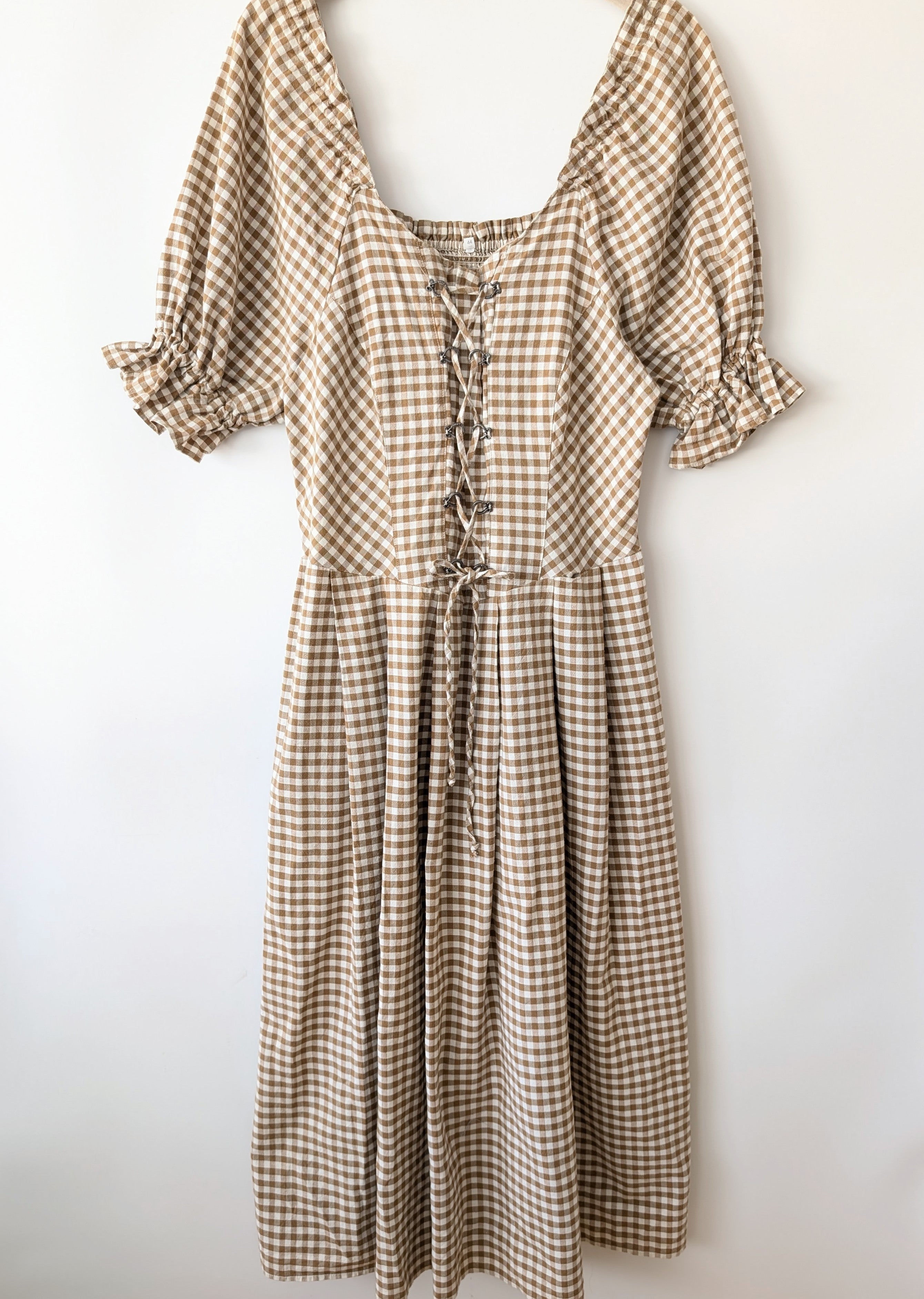 Kleid Dirndl Folklore 80s Karo Braun Weiß (XL)
