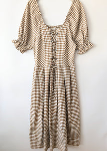 Kleid Dirndl Folklore 80s Karo Braun Weiß (XL)