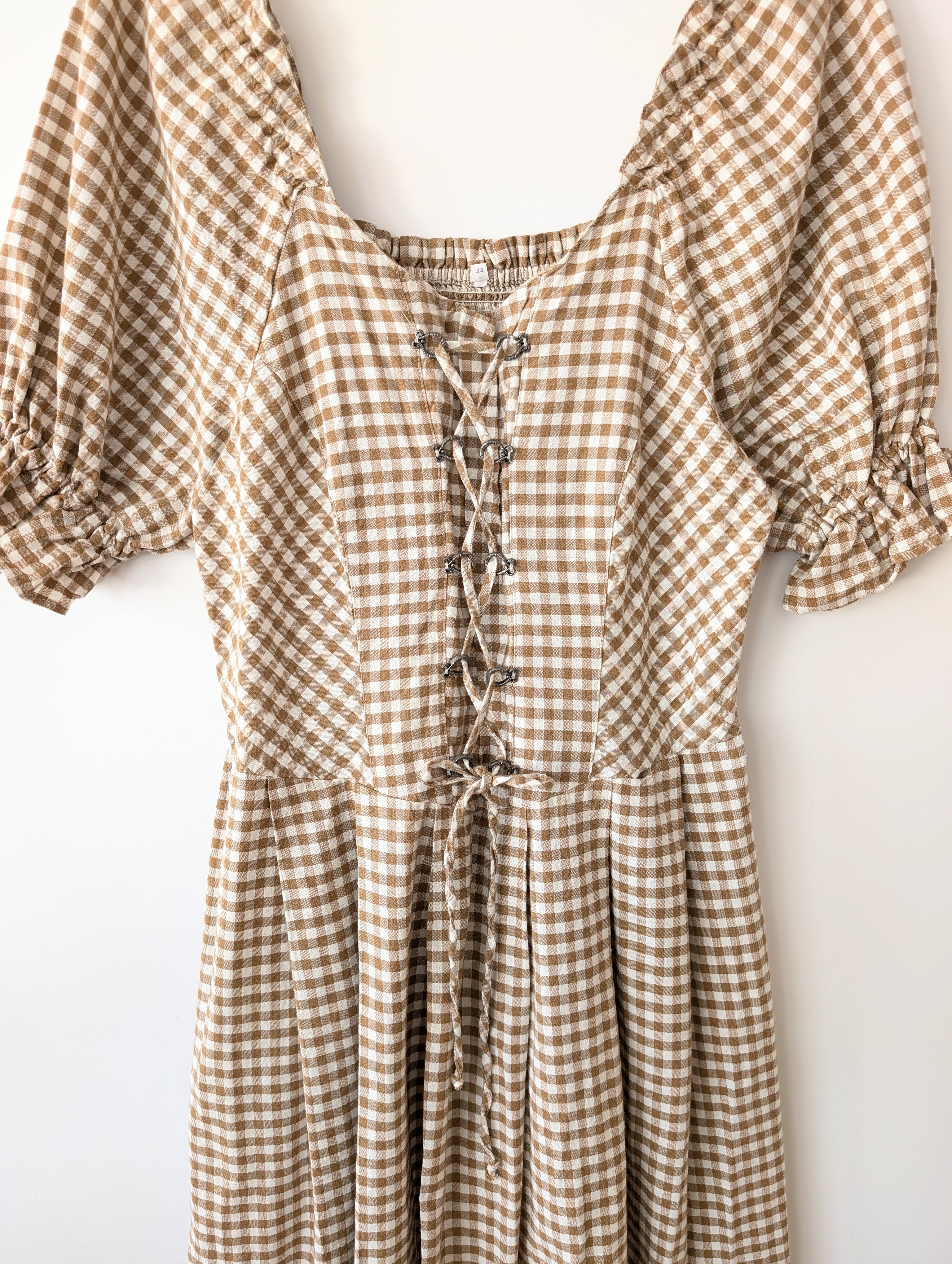 Kleid Dirndl Folklore 80s Karo Braun Weiß (XL)