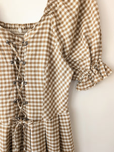 Kleid Dirndl Folklore 80s Karo Braun Weiß (XL)