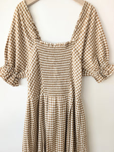 Kleid Dirndl Folklore 80s Karo Braun Weiß (XL)
