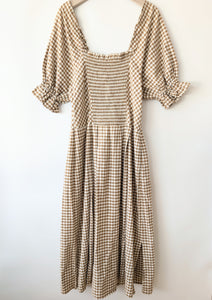 Kleid Dirndl Folklore 80s Karo Braun Weiß (XL)