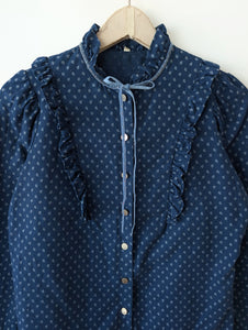 Bluse Folklore Dunkelblau Rüschen (S)