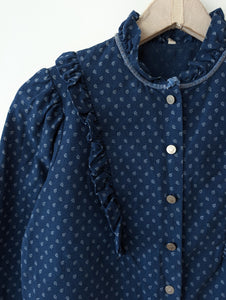 Bluse Folklore Dunkelblau Rüschen (S)