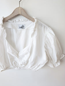 Dirndl Bluse 80s Rüschen Ballonärmel (XL)
