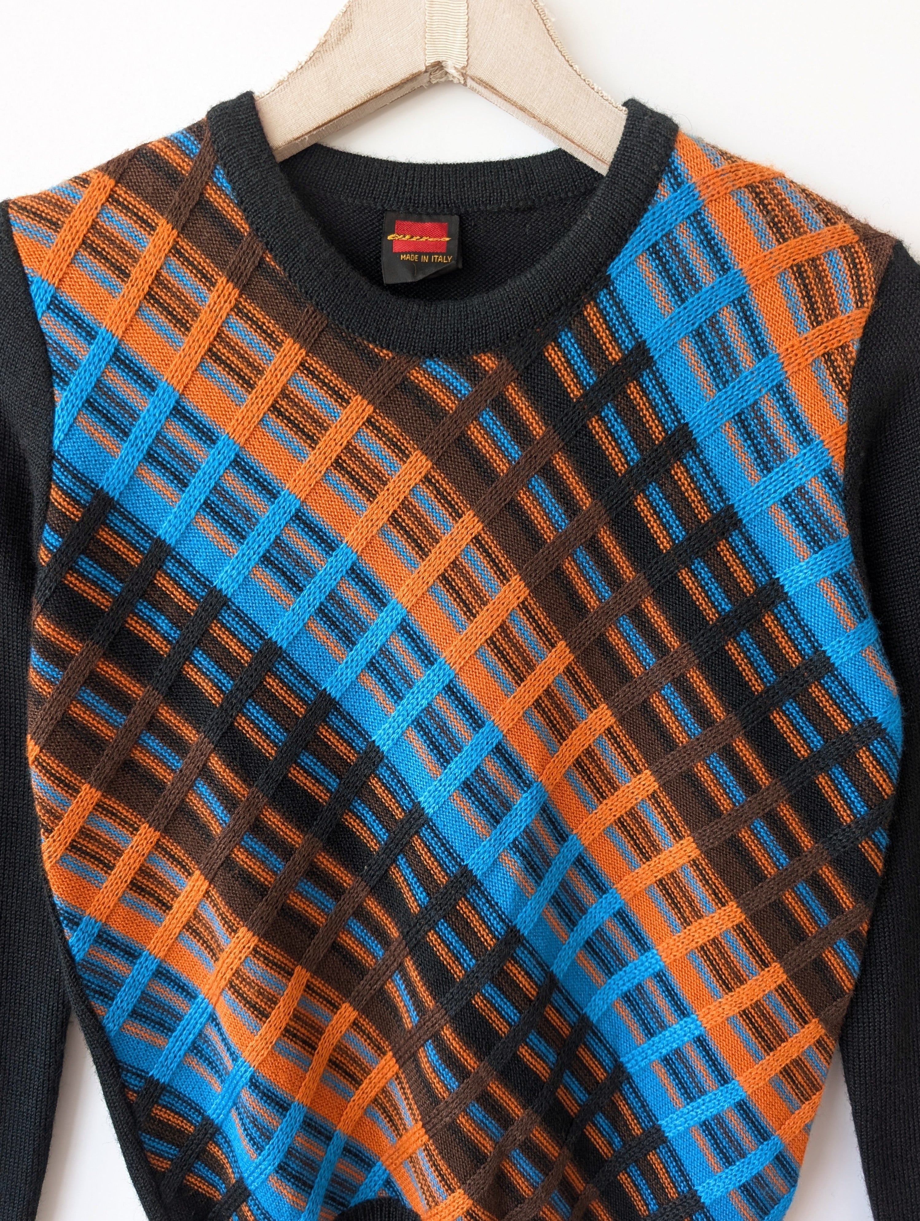 Pullover 70s Orange Blau 39,- DM (S-M)