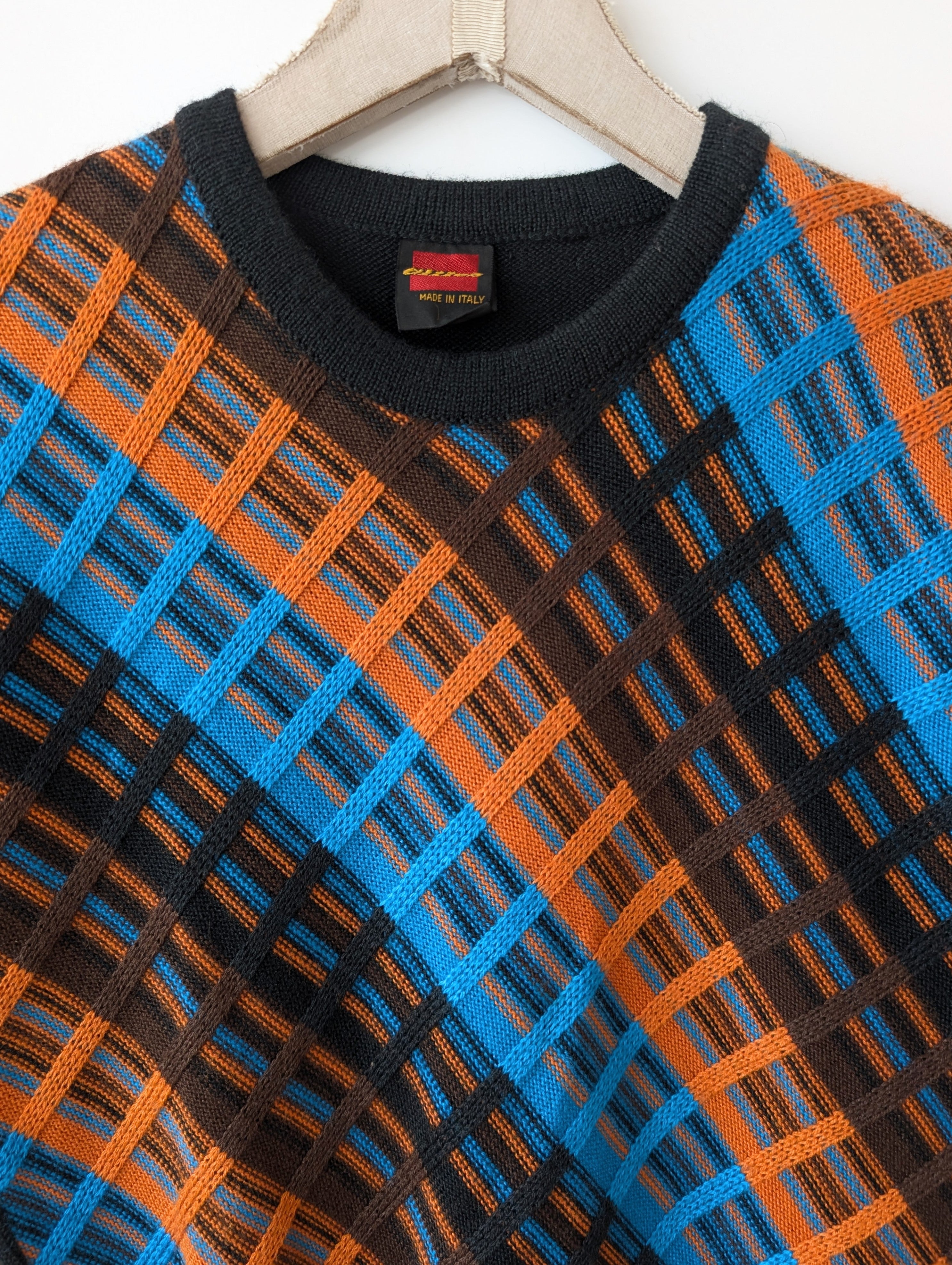 Pullover 70s Orange Blau 39,- DM (S-M)