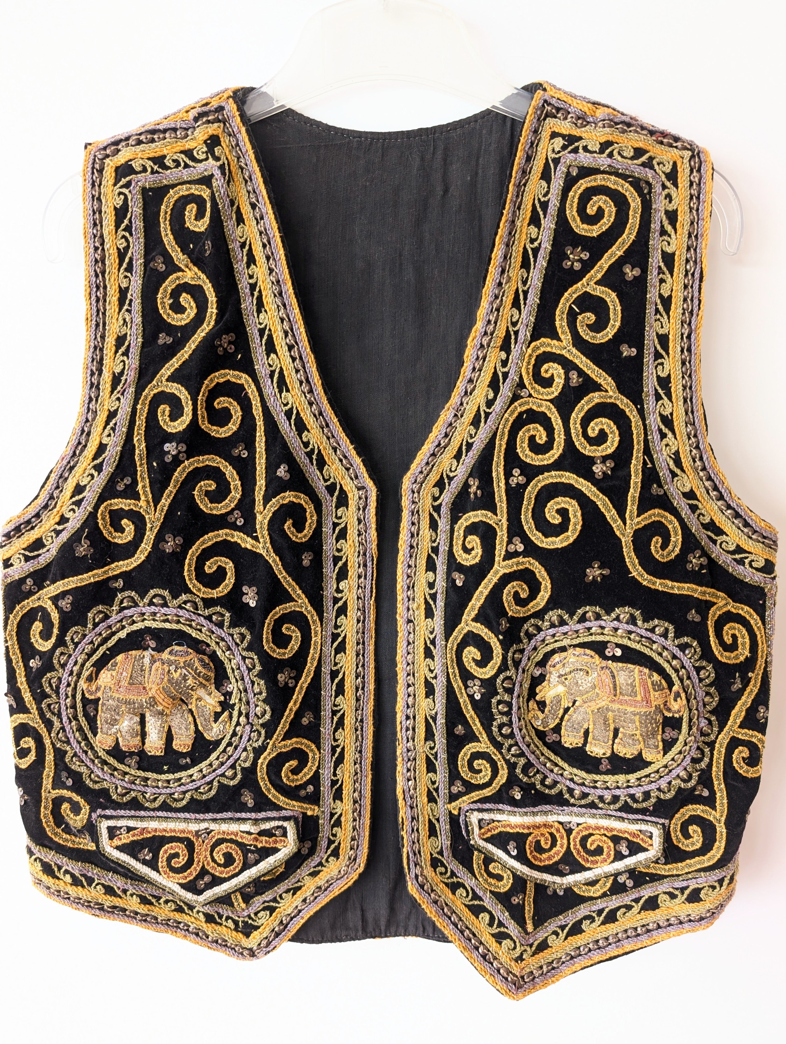 RARE 70s Bohemian Samt Weste Elefant Stick (L)