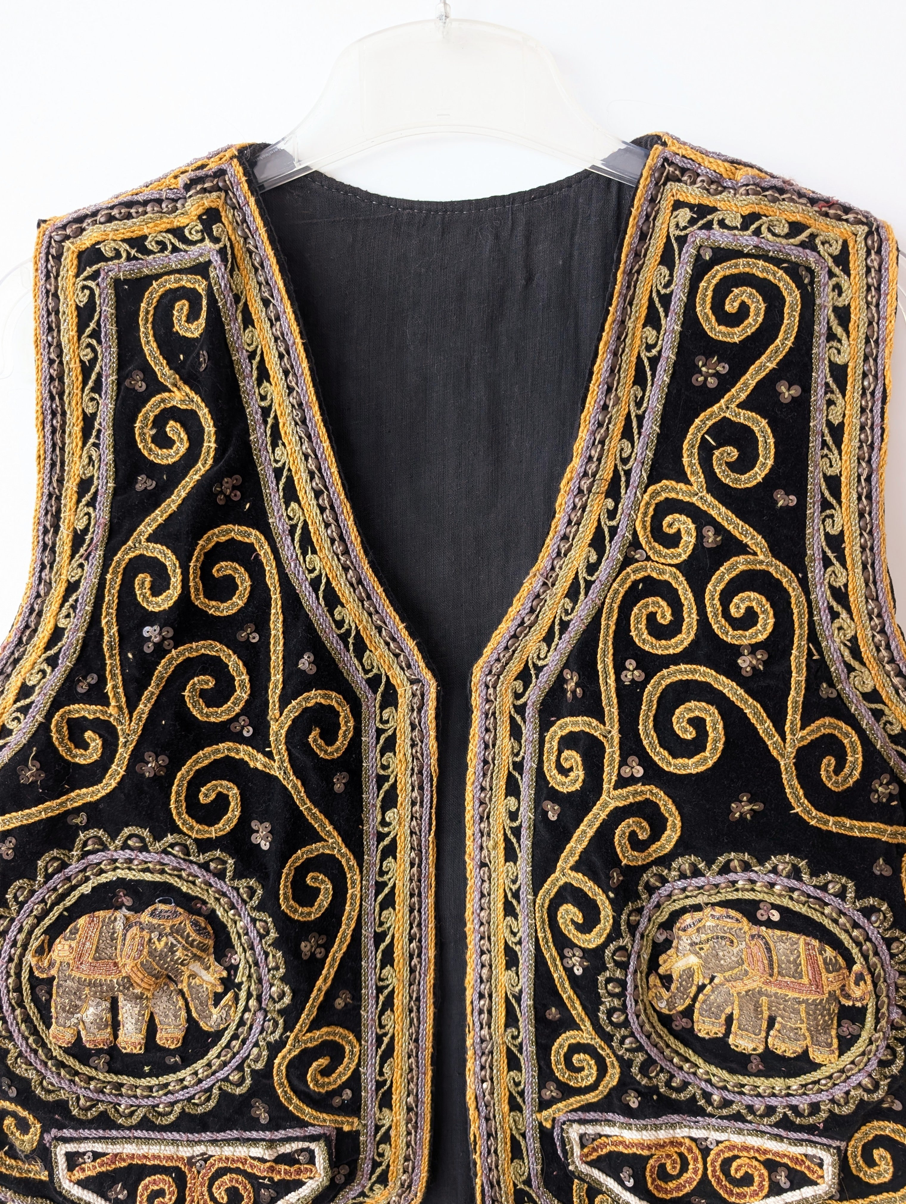 RARE 70s Bohemian Samt Weste Elefant Stick (L)