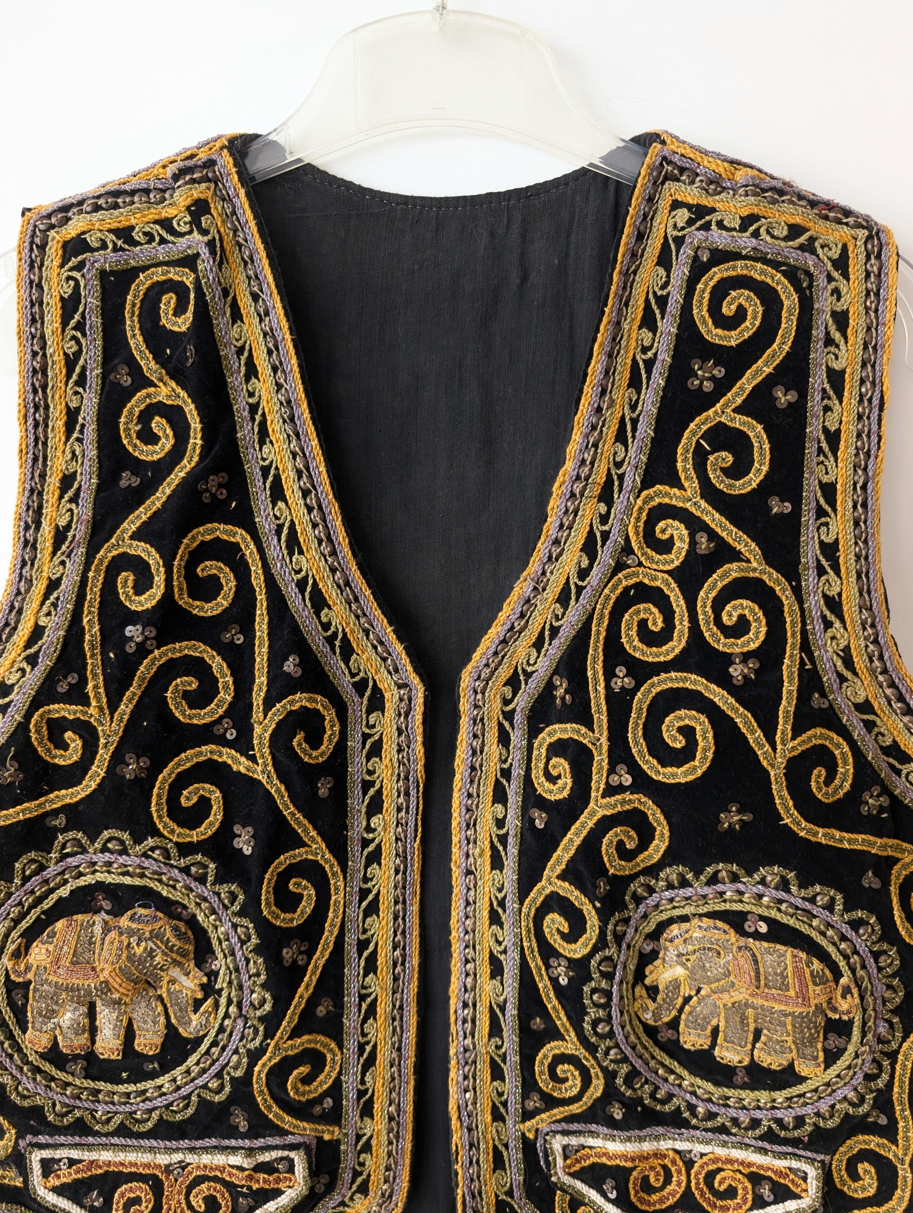 RARE 70s Bohemian Samt Weste Elefant Stick (L)