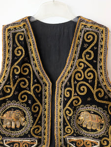 RARE 70s Bohemian Samt Weste Elefant Stick (L)