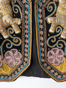 RARE 70s Bohemian Samt Weste Elefant Blumen Stick (L)