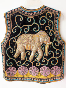 RARE 70s Bohemian Samt Weste Elefant Blumen Stick (L)