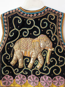 RARE 70s Bohemian Samt Weste Elefant Blumen Stick (L)