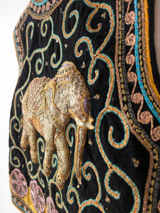 RARE 70s Bohemian Samt Weste Elefant Blumen Stick (L)