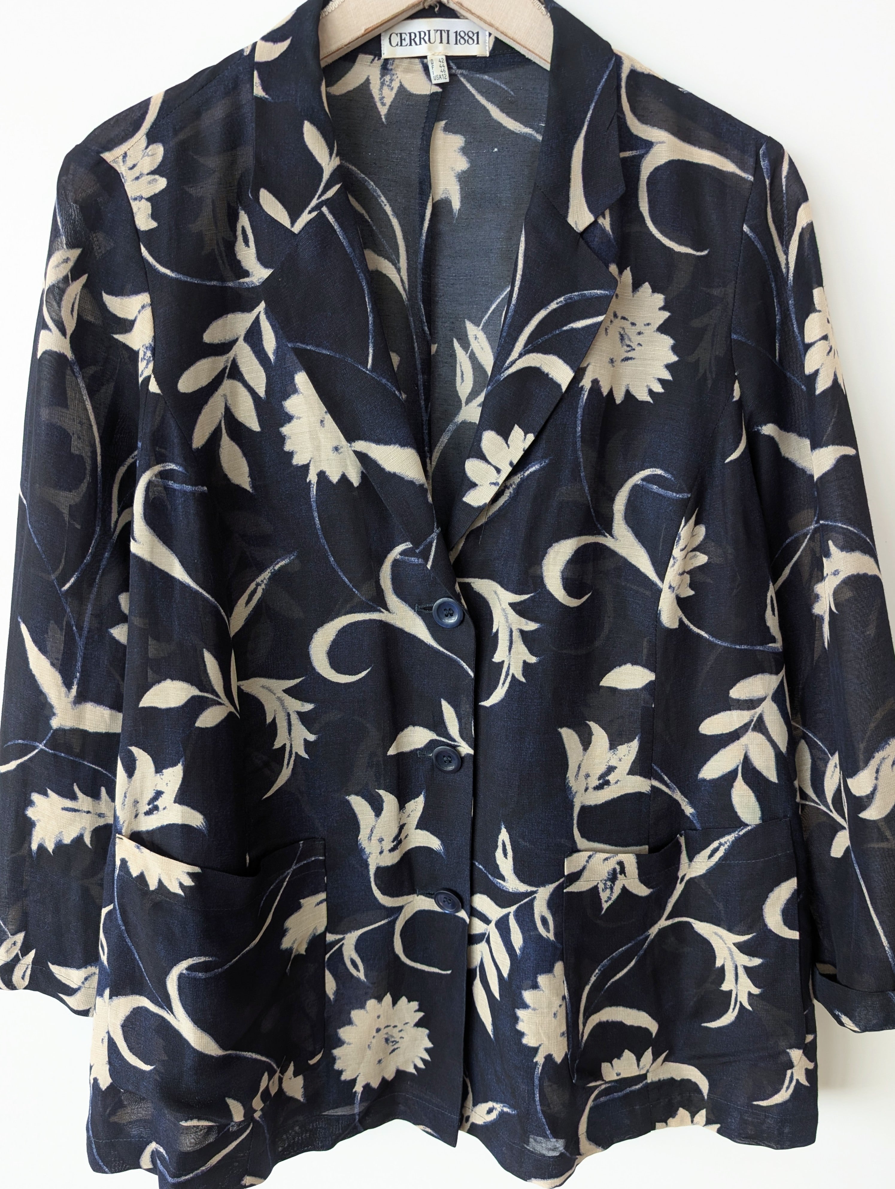 *Cerruti* Blazer Leinen Blumen Print Marine (L-XL)