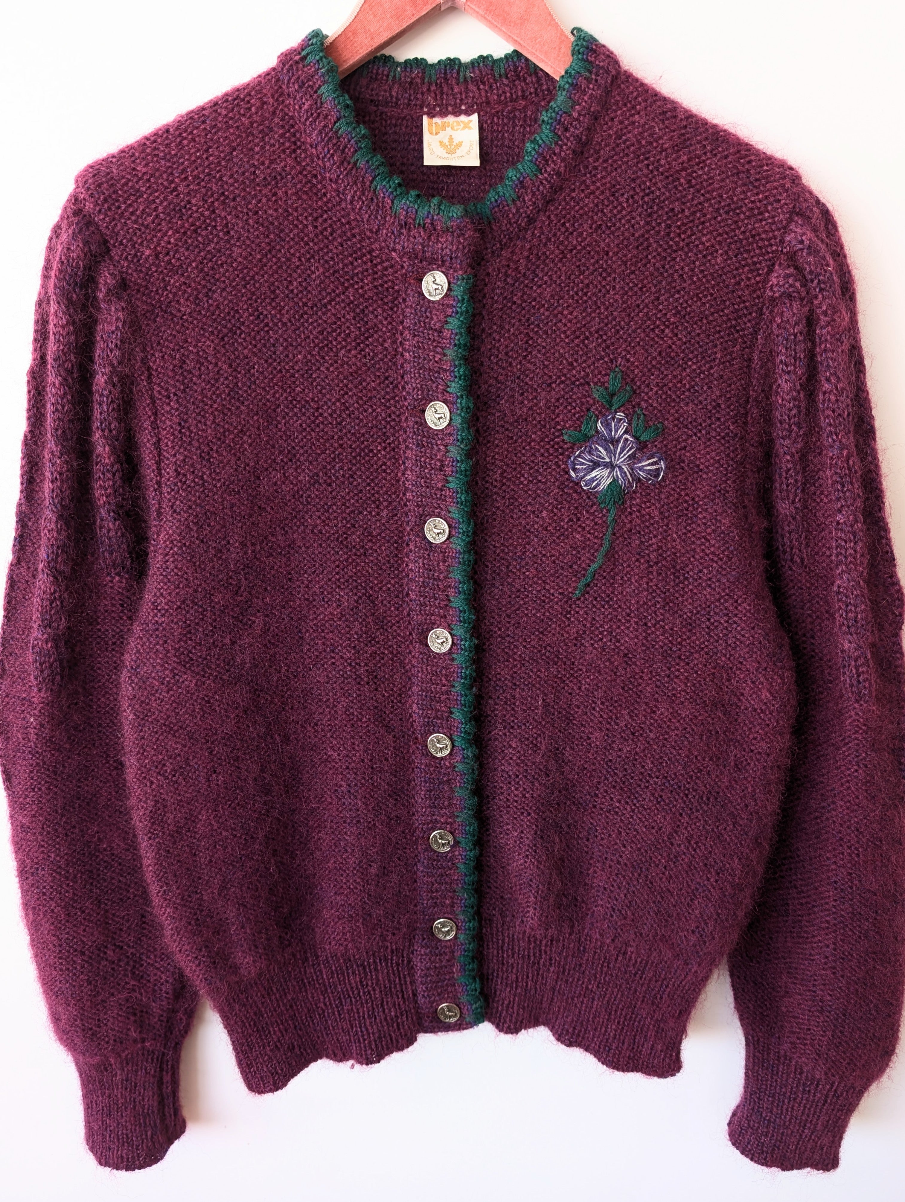 *Wolle* Cardigan Folklore Blumen Stick Ballonärmel (L)