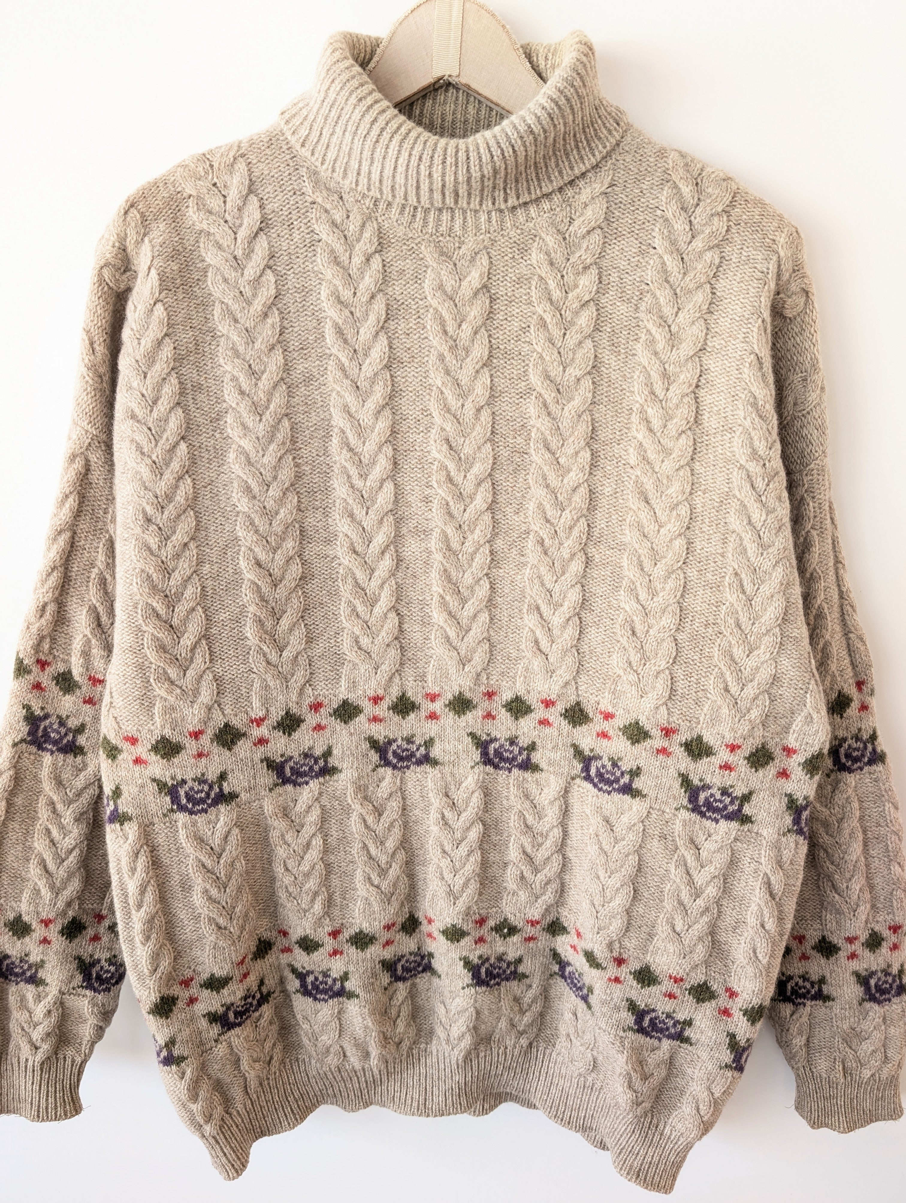 *Shetland Wolle* Pullover Rollkragen Rosen Strick (L)