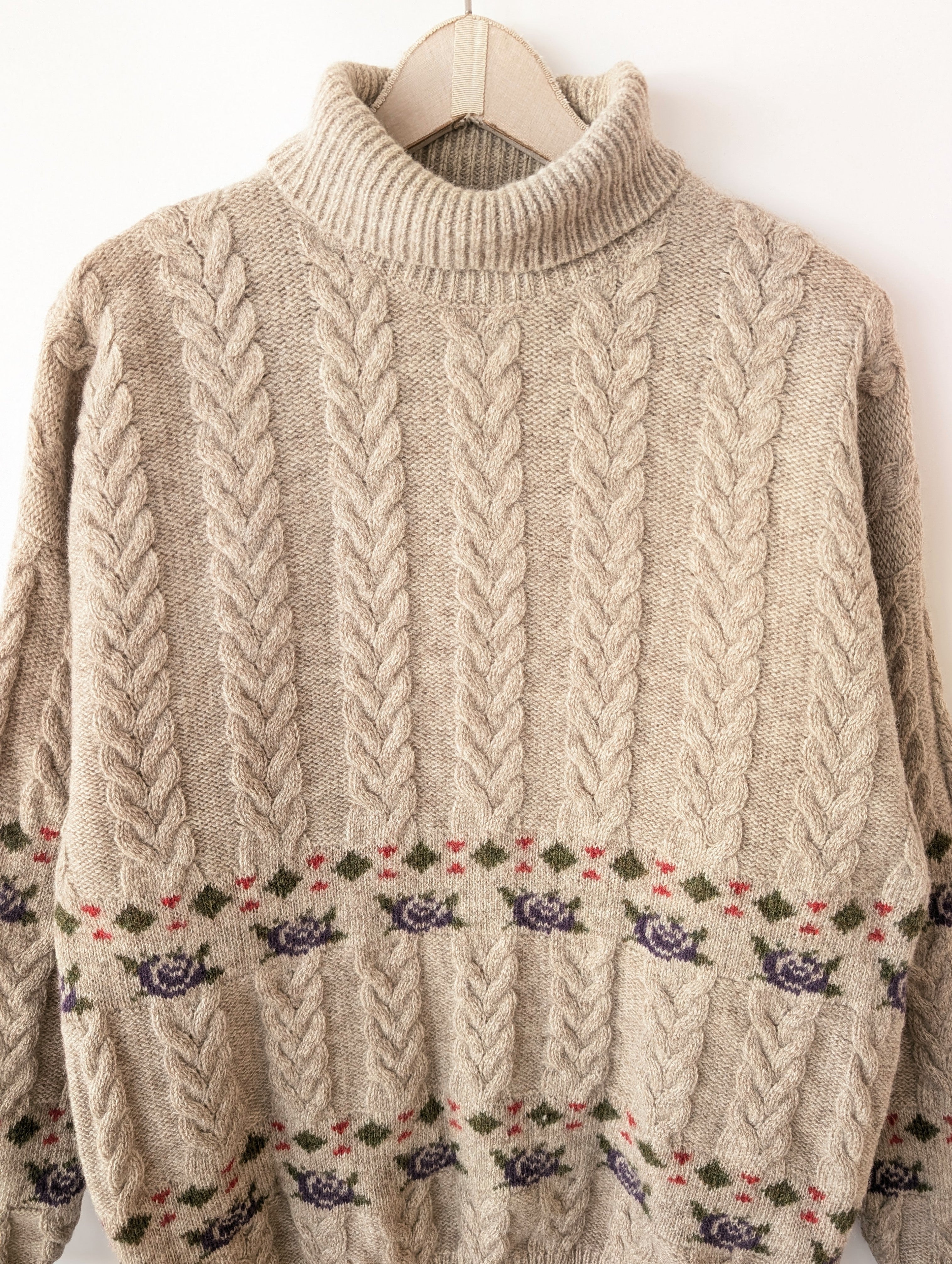 *Shetland Wolle* Pullover Rollkragen Rosen Strick (L)