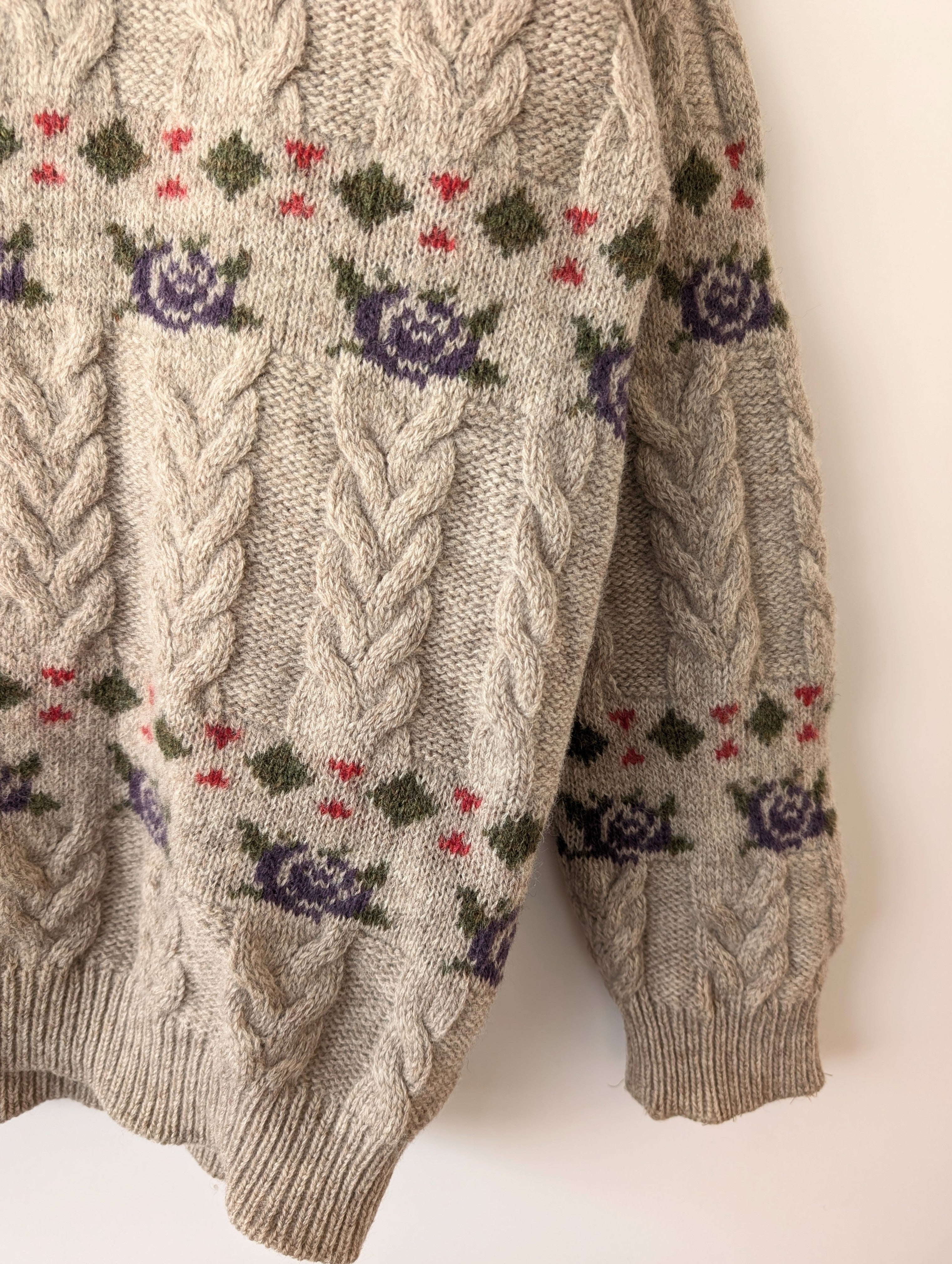 *Shetland Wolle* Pullover Rollkragen Rosen Strick (L)