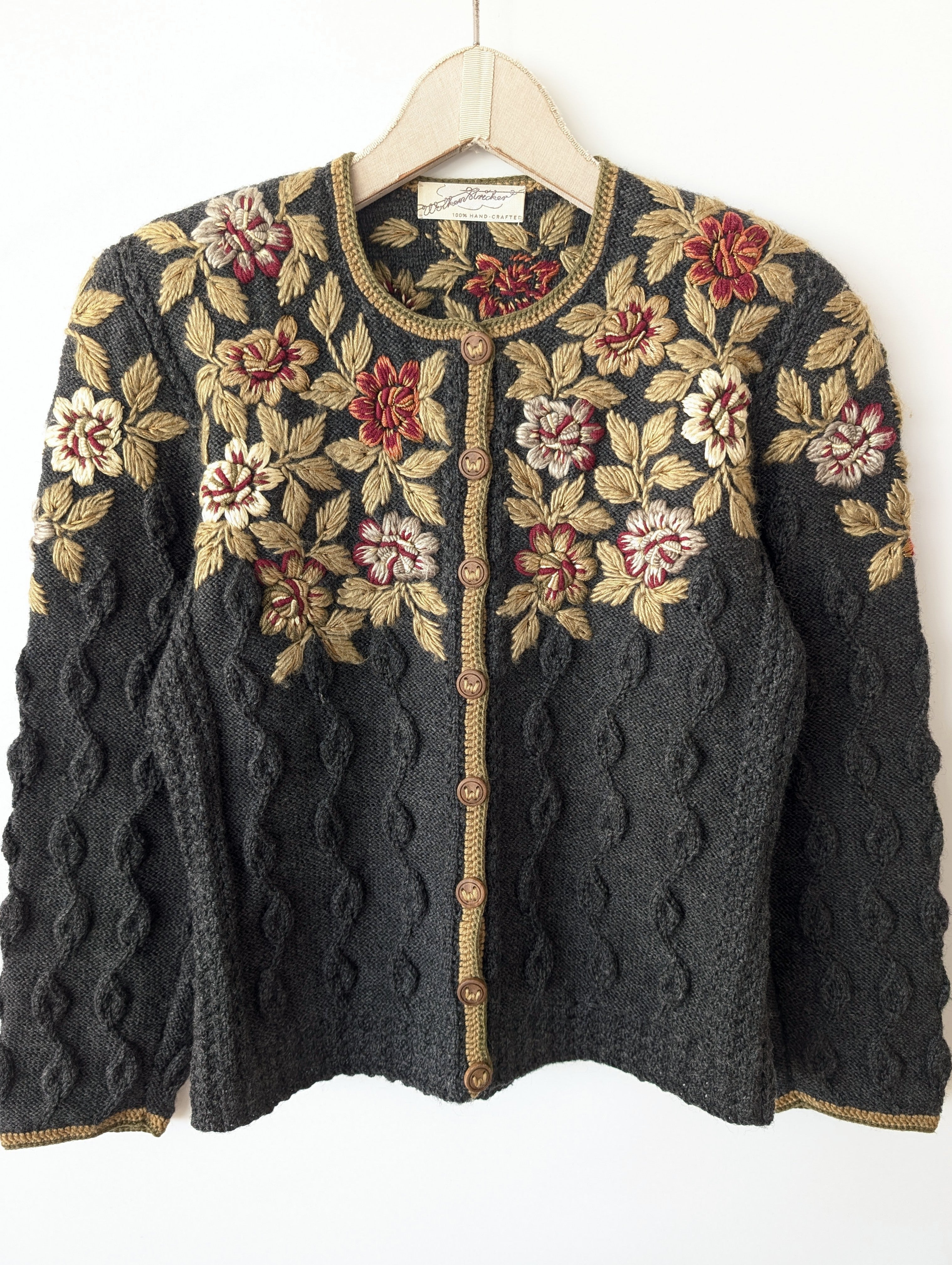 *Wolkensticker* RARE Cardigan Blumen Stick Wolle Handmade (S-M)