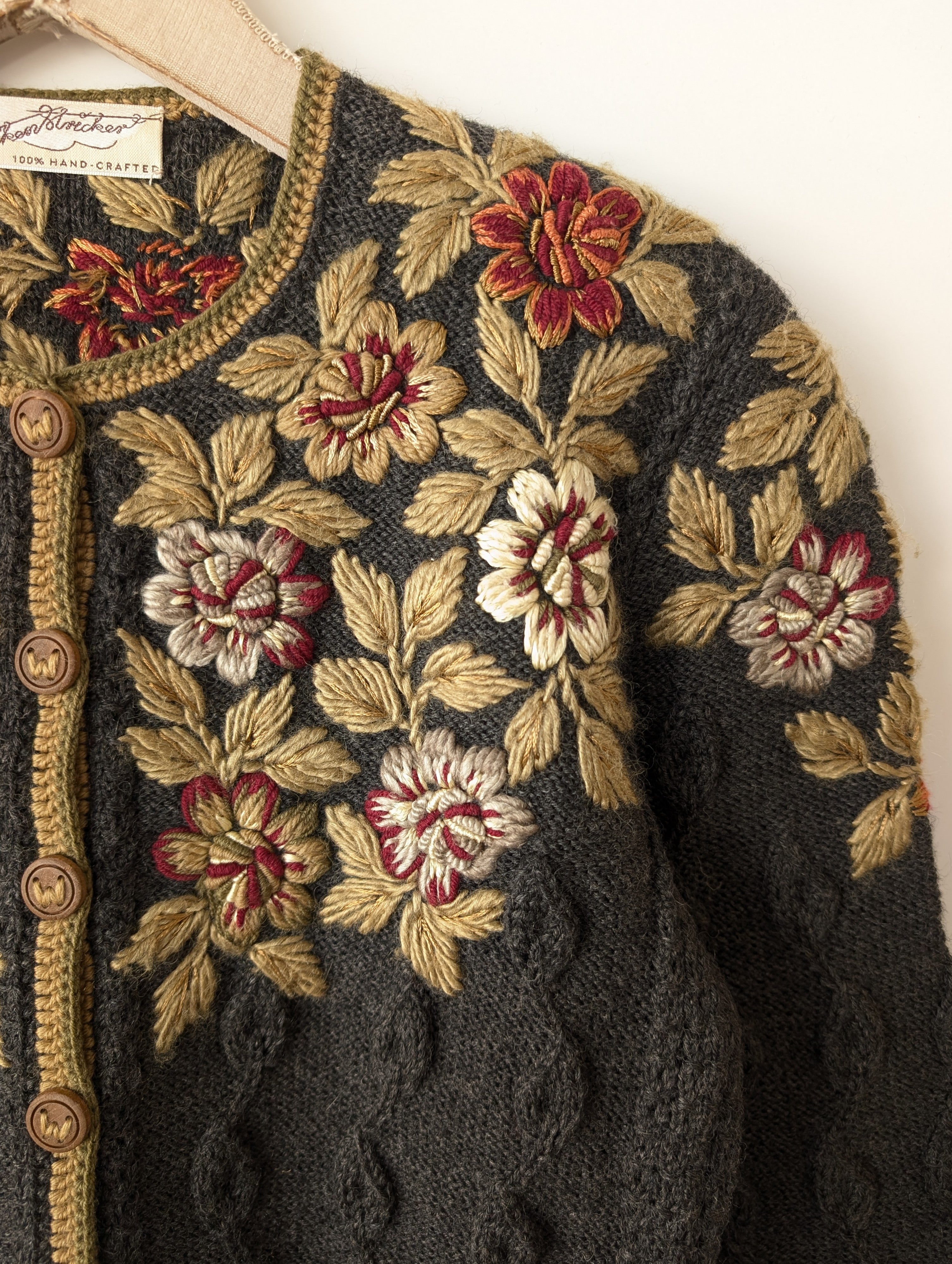 *Wolkensticker* RARE Cardigan Blumen Stick Wolle Handmade (S-M)