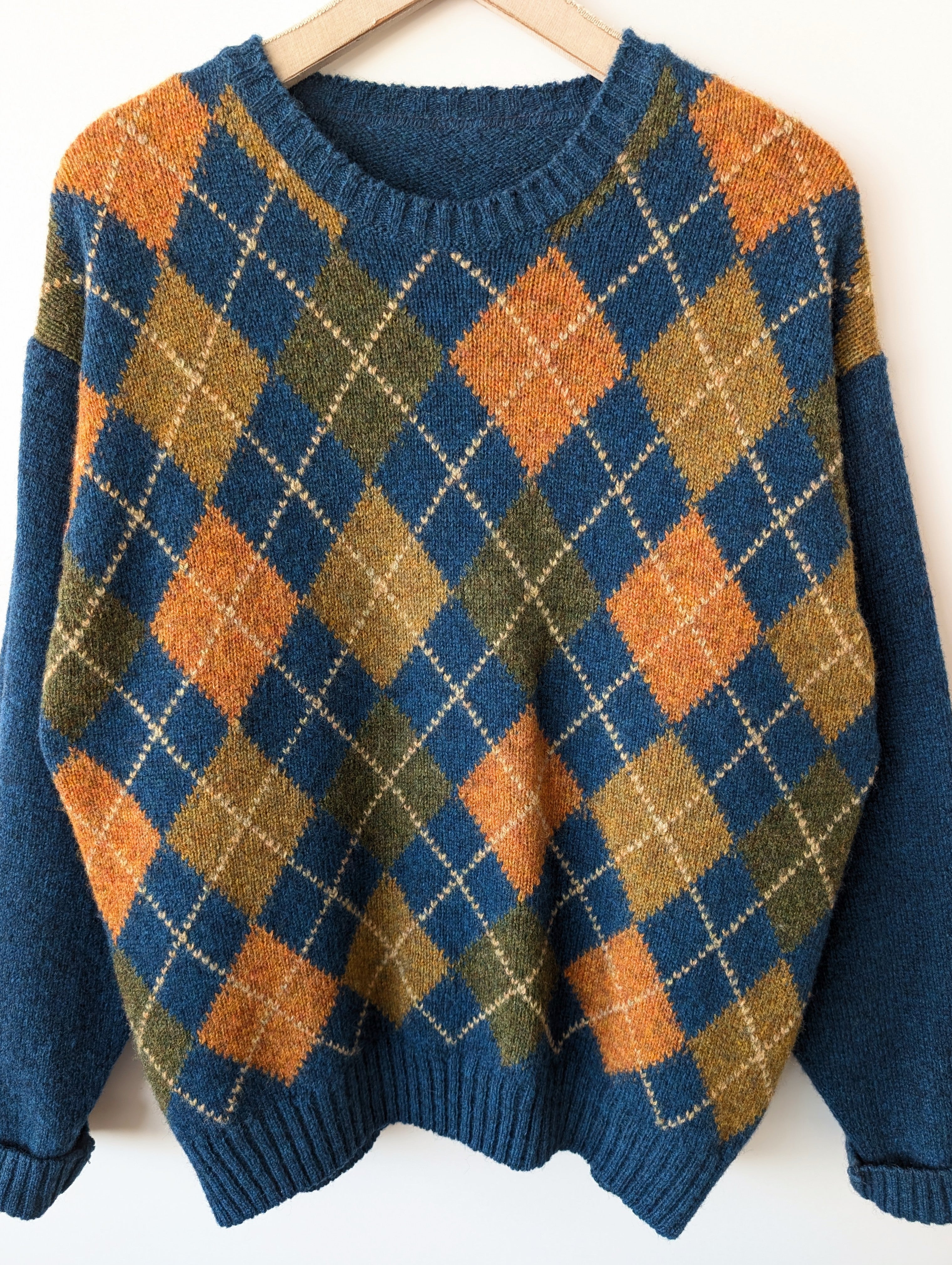 *Wolle* Pullover Rauten Strickmuster Petrol (L-XL)