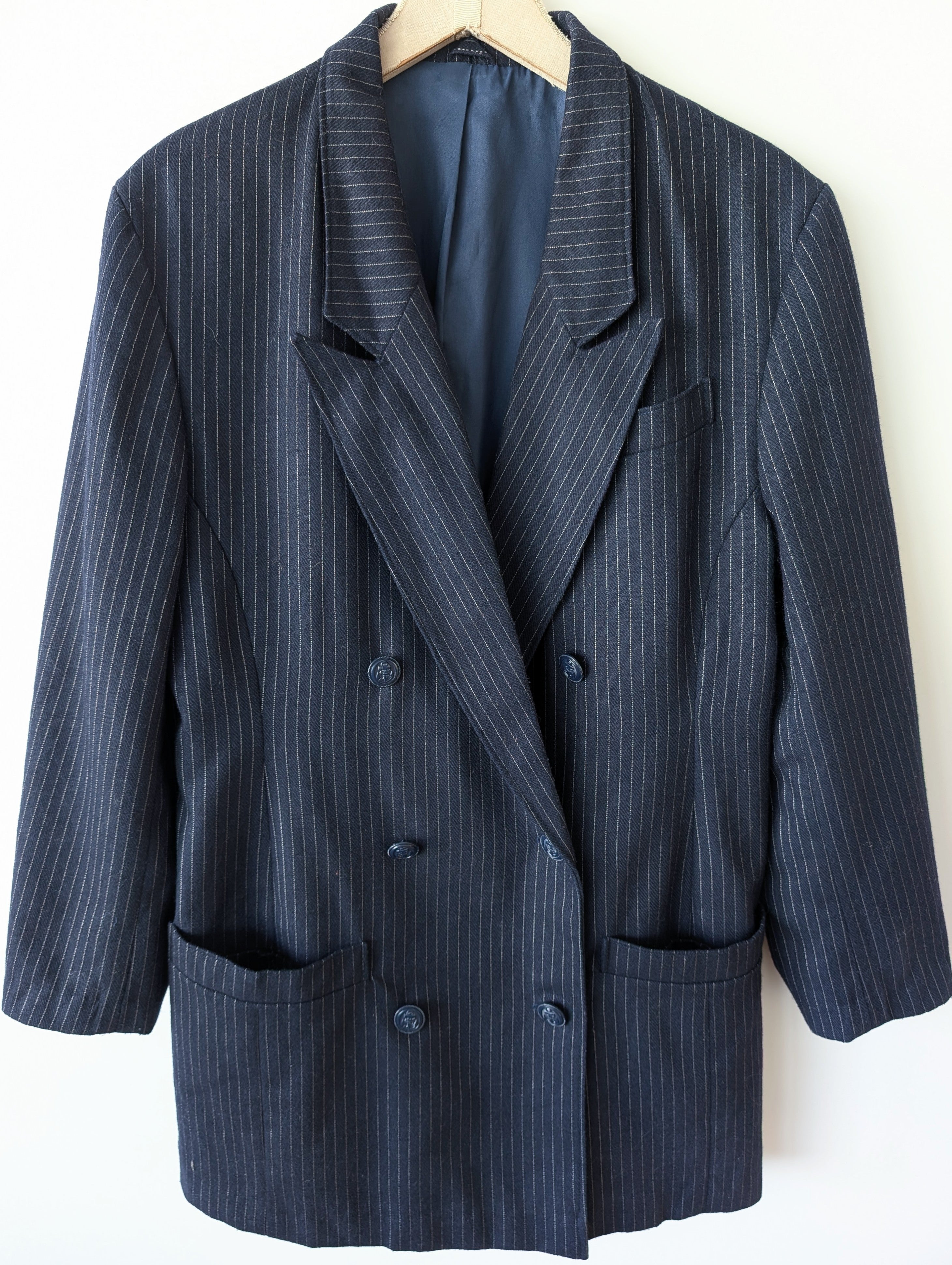 Blazer Zweireiher Wolle 80s Nadelstreifen Marine (L-XL)