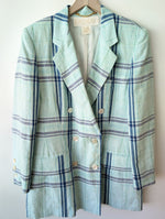 Lade das Bild in den Galerie-Viewer, *Escada* Blazer Zweireihig Leinen Tartan Blau (L-XL)
