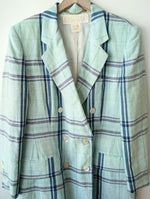 Lade das Bild in den Galerie-Viewer, *Escada* Blazer Zweireihig Leinen Tartan Blau (L-XL)
