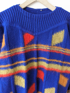 Pullover Wolle 80s Grafic Royalblau Heavin (L)