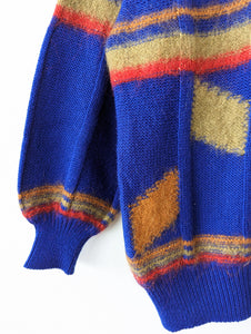 Pullover Wolle 80s Grafic Royalblau Heavin (L)