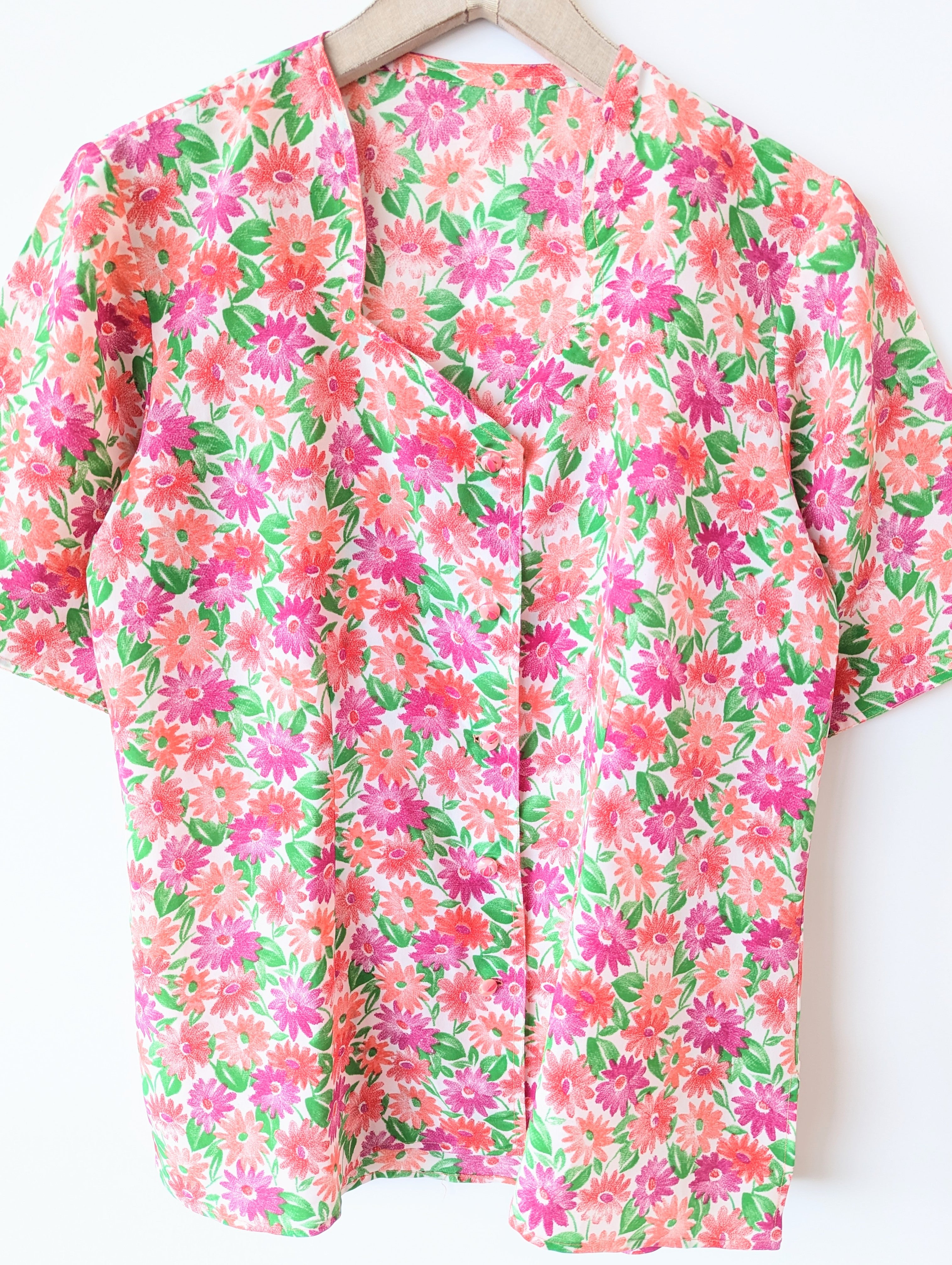 *Handmade* Bluse 80s Blumen Print Pink Heavin (L-XL)