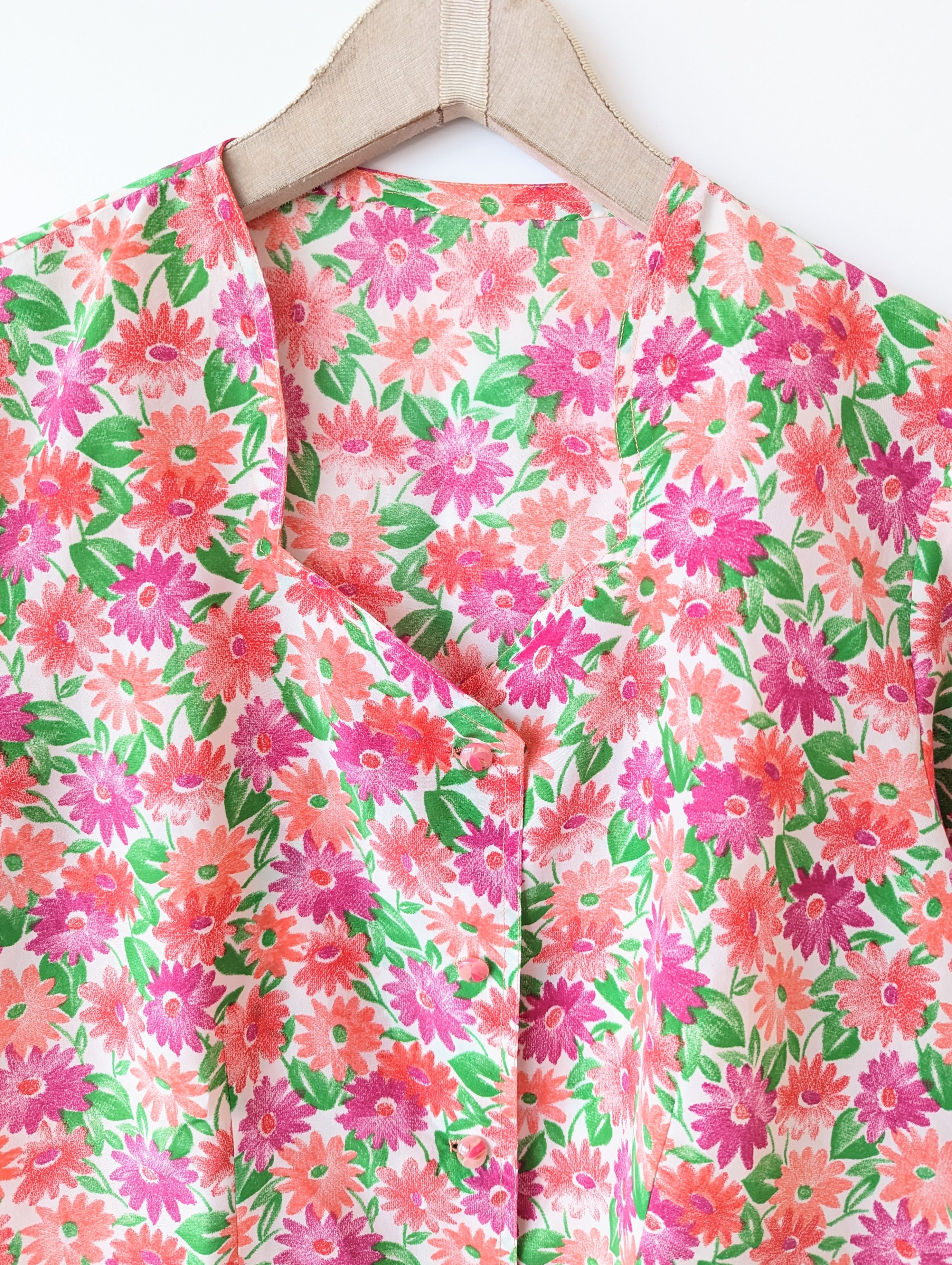 *Handmade* Bluse 80s Blumen Print Pink Heavin (L-XL)